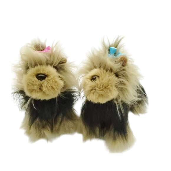 Unbranded Brown‎ and Tan Pair Of Fluffy Yorkie Plush Dogs With Bows in Fur - Picture 4 of 11